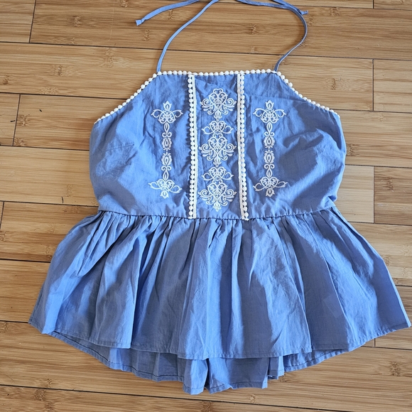 Francesca's Collections Blue Embroidered Halter Top - Picture 1 of 3